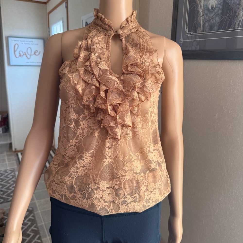 Chic Lace Ruffle Halter Top - Brown - Picture 10 of 14